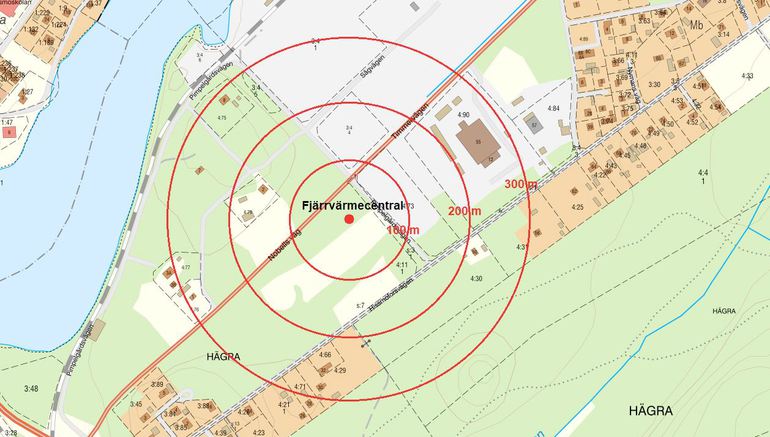 Kartbild med inringning där en fjärrvärmecentral föreslås placeras.