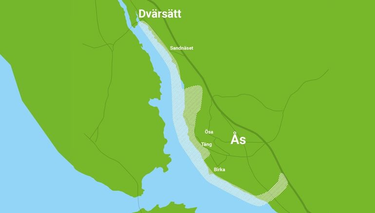 Illustration av en karta som visar en tänkt utbyggnad av vatten- och avlopp mellan Dvärsätt och Ås.